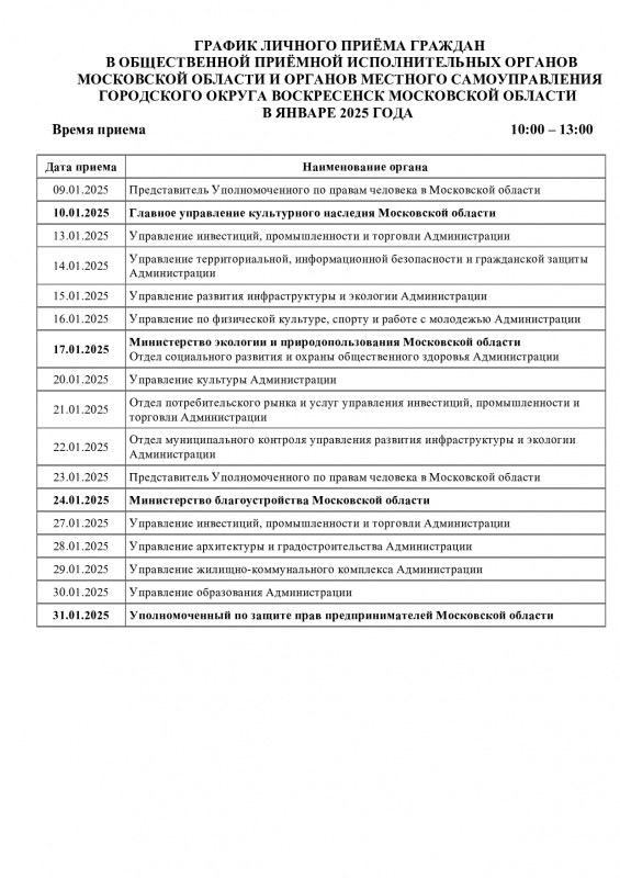 График личного приема граждан в общественной приемной в январе 2025 года